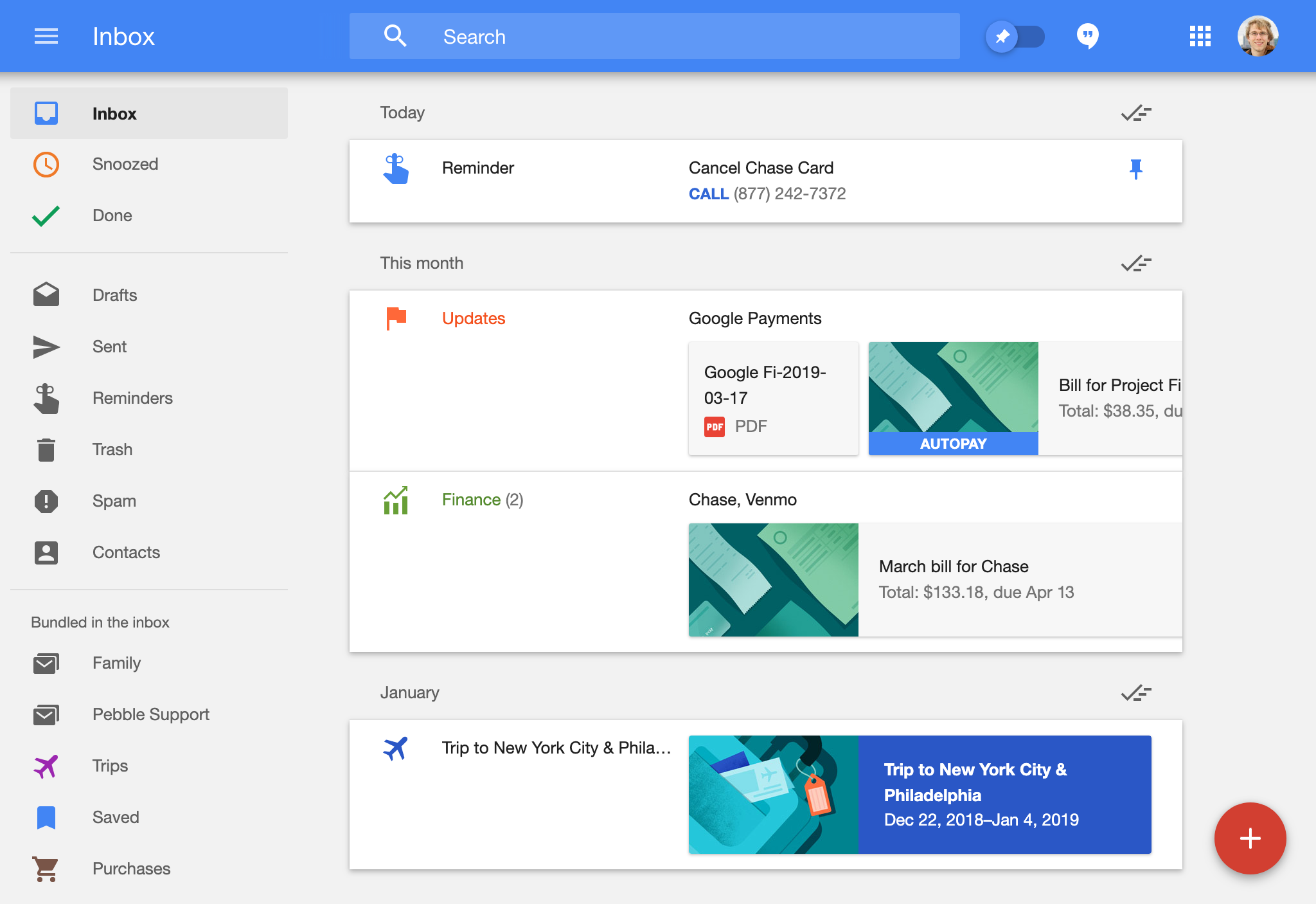 Screenshot showing Google Inbox, with several of my personal emails